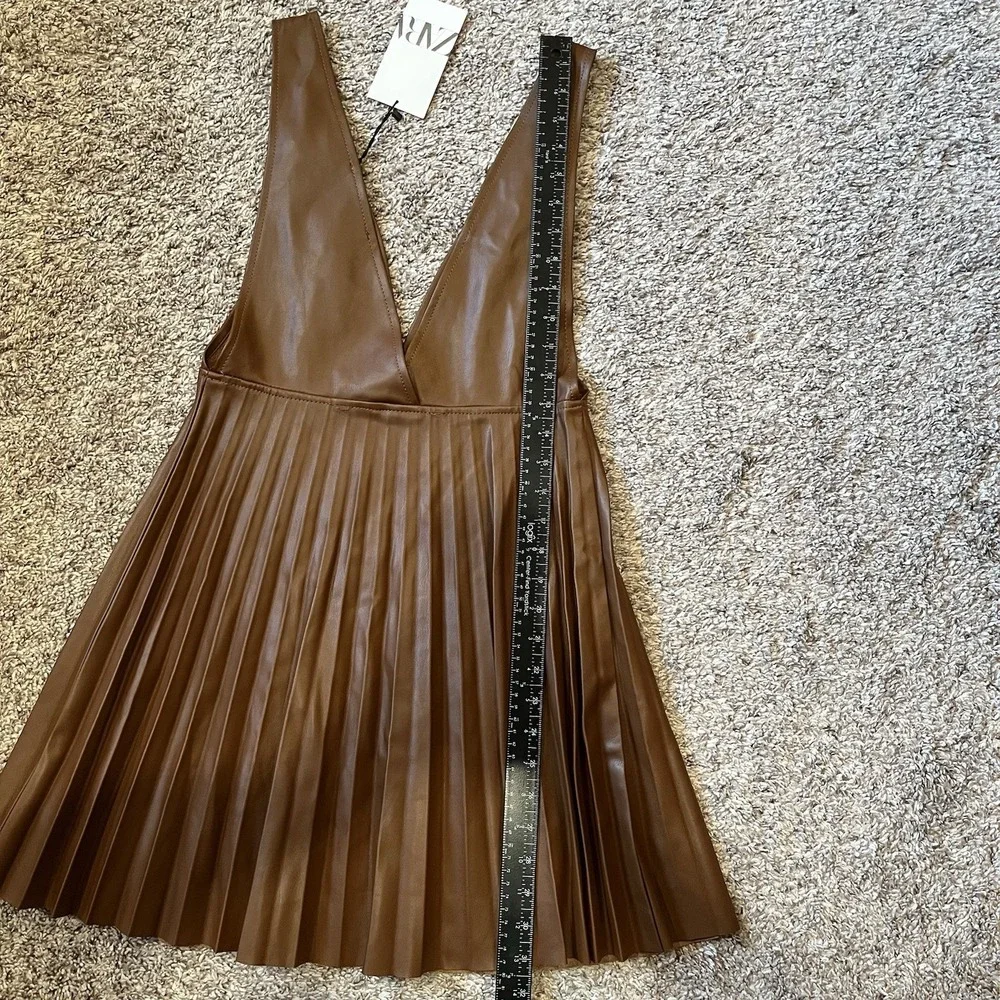 Zara Brown Faux Leather Pleated Strapless Pinafore Dress